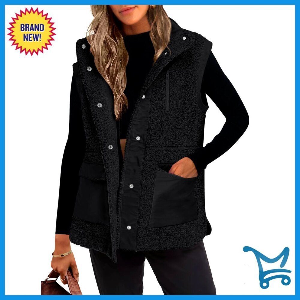 Fleece Vest Loose Fit Sherpa Button Down Warm Winter Outerwear With Pockets